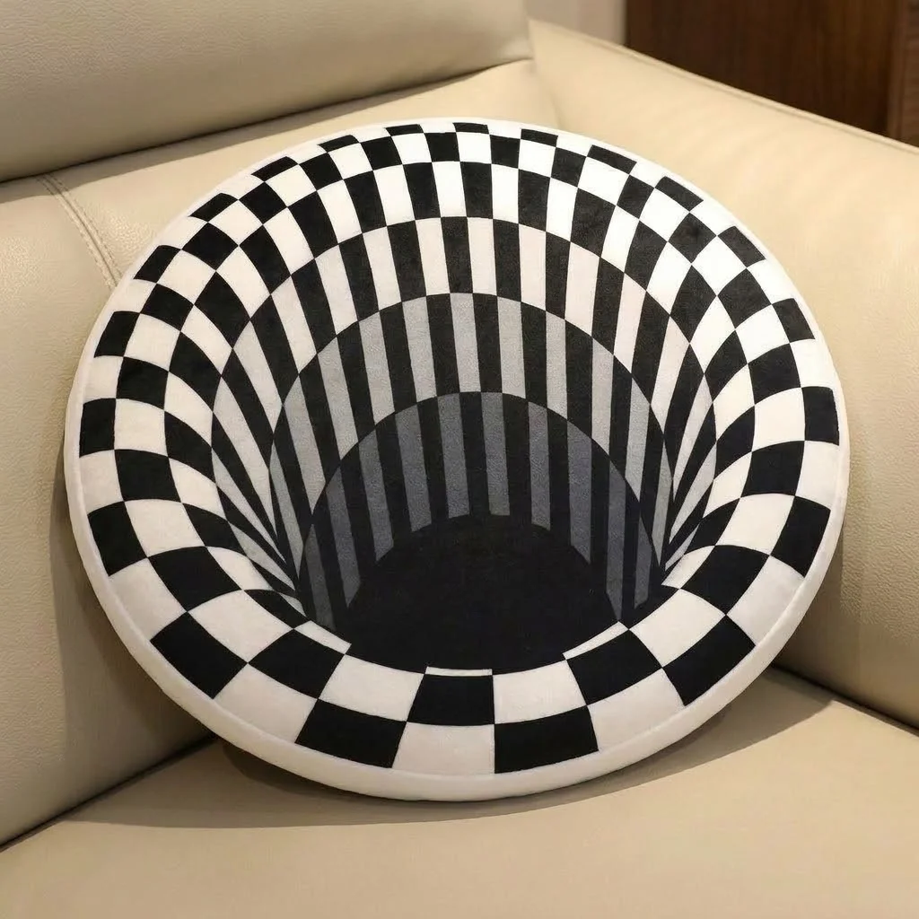 Optical Illusion Vortex Throw Pillow, Black White Checkerboard Round Decorative Cushion for Sofa Bedroom Home Decor
