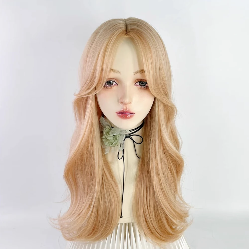 GAKA Orange Long Wavy Women Synthetic Wig Middle Part Lolita Cosplay Fluffy Heat Resistant Wig for Daily Party