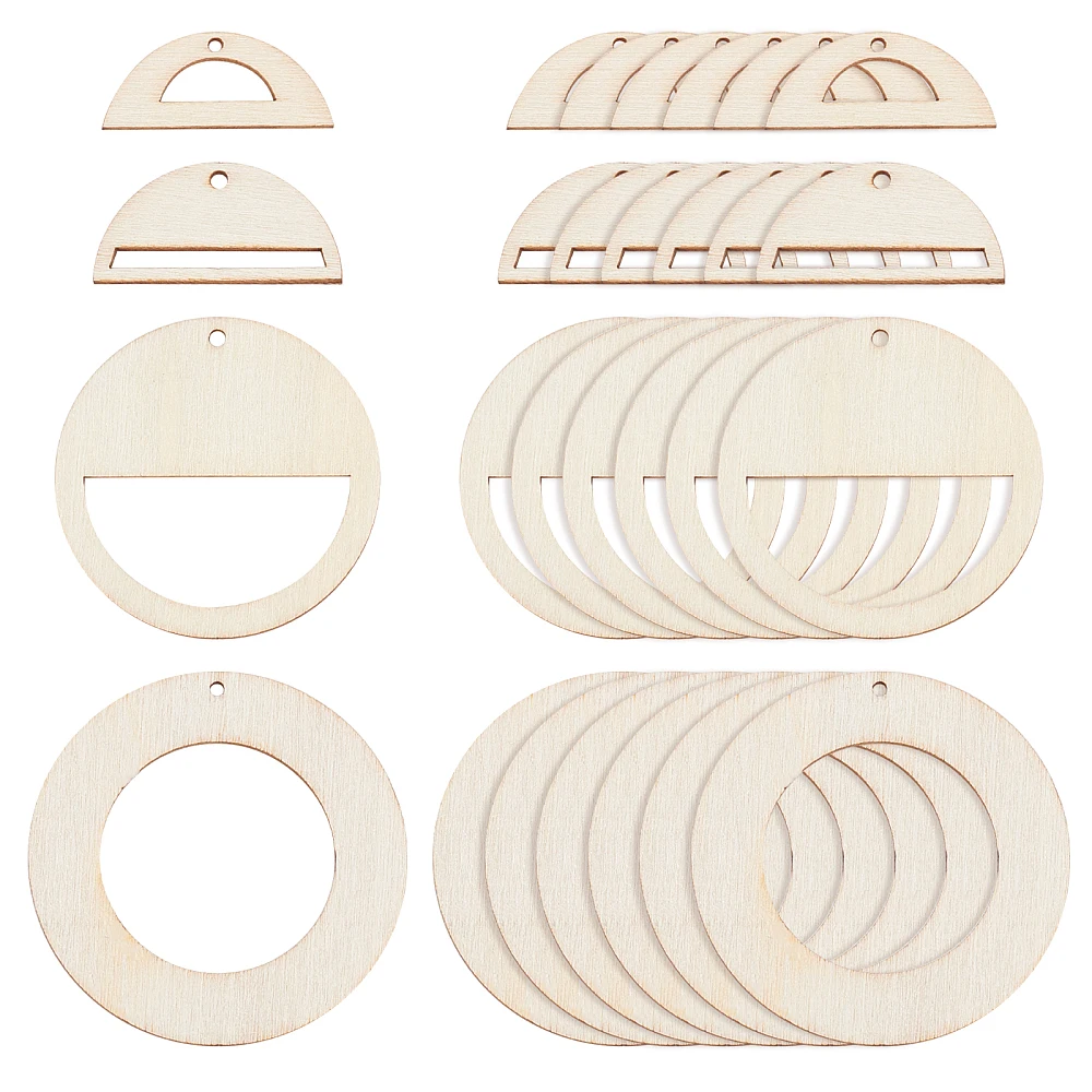 

Laser Cut Wooden Big Pendants Ring & Flat Round & Haf Round Mixed Color 120pcs/bag