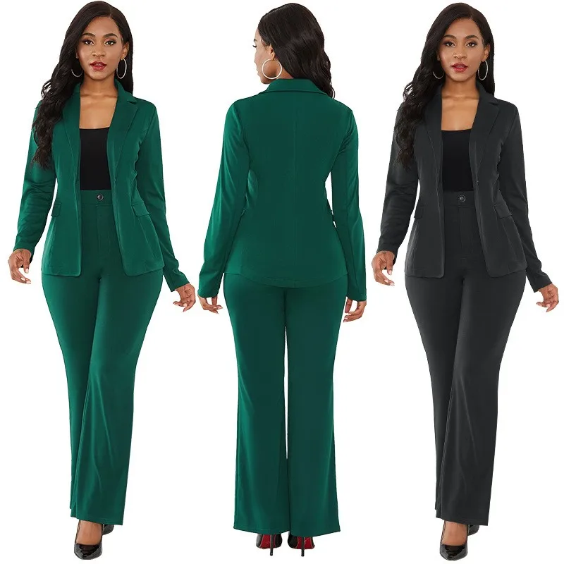 Women's 2-piece Set Blazer Long Sleeve Slim Fit Blazers Wide Leg Pants Notched Lapel Suit Jacket Black Business Jacket Two