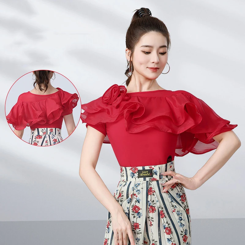 

Modern Dance Top New Women'S Lotus Leaf Edge Short Sleeve Red Jumpsuit Chacha Rumba Tango Dress Latin Dance Costumes DN20590