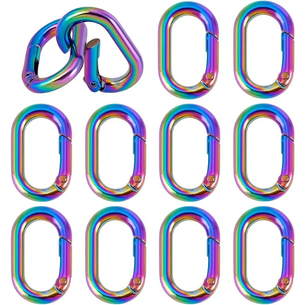 

12pcs Rainbow Spring Key Rings 35x21mm Keyring Buckles Oval Snap Buckle Alloy Spring Snap Hooks Clip Connector Rings for DIY
