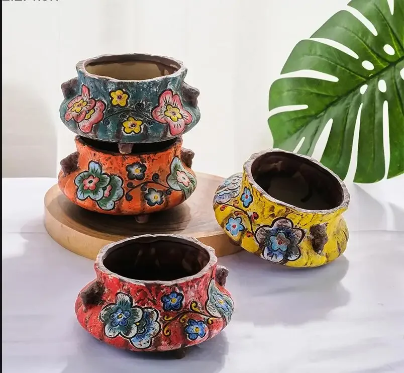 Hand Painted Succulent Flower Pot Ceramic Green Plant Pots Stoneware Retro Potted Container Decorative Flowerpot Garden