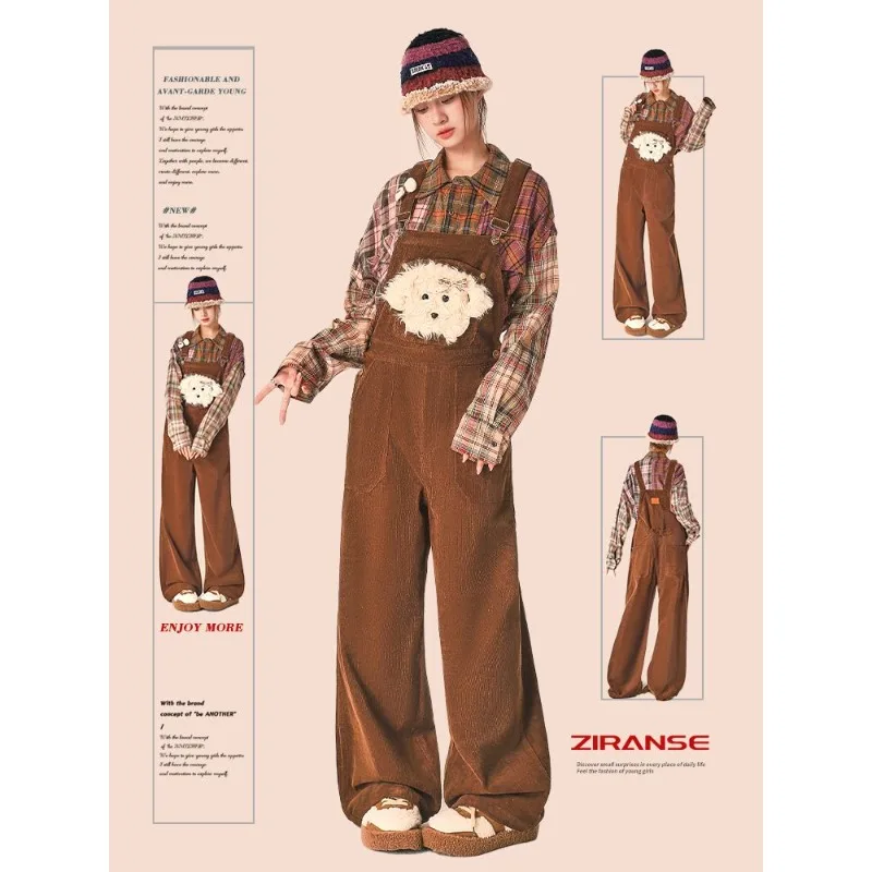 

Retro Kawaii Corduroy Strappy Pants Rompers Female Students Loose Jumpsuits Cute Puppy Autumn Playsuits Casual Jumpsuit Overalls