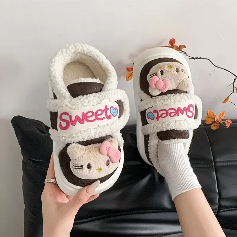 Sweet Hello Kitty Anime MINISO Kawaii Ins Lovely Doll Thick Soled Warm Shoes Cute Cartoon Cotton Slippers Gifts for Kids