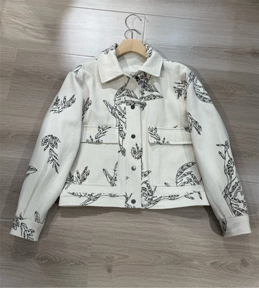 25 Spring and Summer New Women's Long Sleeve Printed Denim Jakcet Coat Fashion Versatile