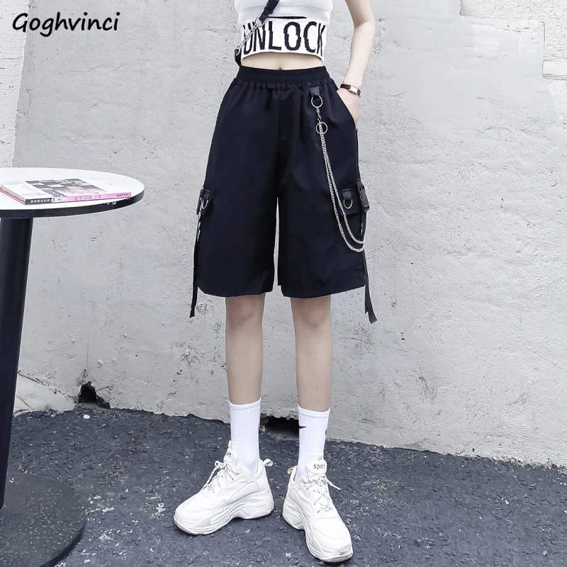 High Waist Shorts Women Solid Trendy Chain Hipster Streetwear Cool Girls Multi-pockets Classic Prevalent Harajuku Summer Ulzzang