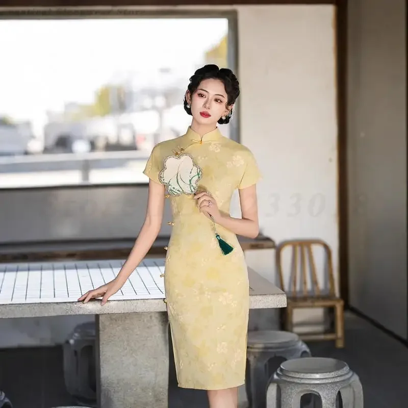 

Chinese Traditional Qipao Summer New Short Sleeve Dress Artistic Style Girls' Cheongsam Exquisite Print Sexy Slim Split Vestidos