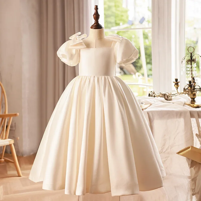 2024 Evening Dress for Kids Baby Girls Luxurious Plain White Ball Gowns Teens Princess Dresses for Piano Performance Birthday