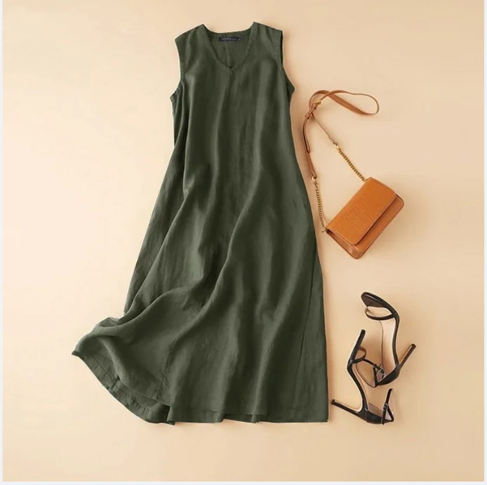 Cotton linen embroidery v neck sleeveless undershirt dress female summer new Korean version of the loose simple temperament