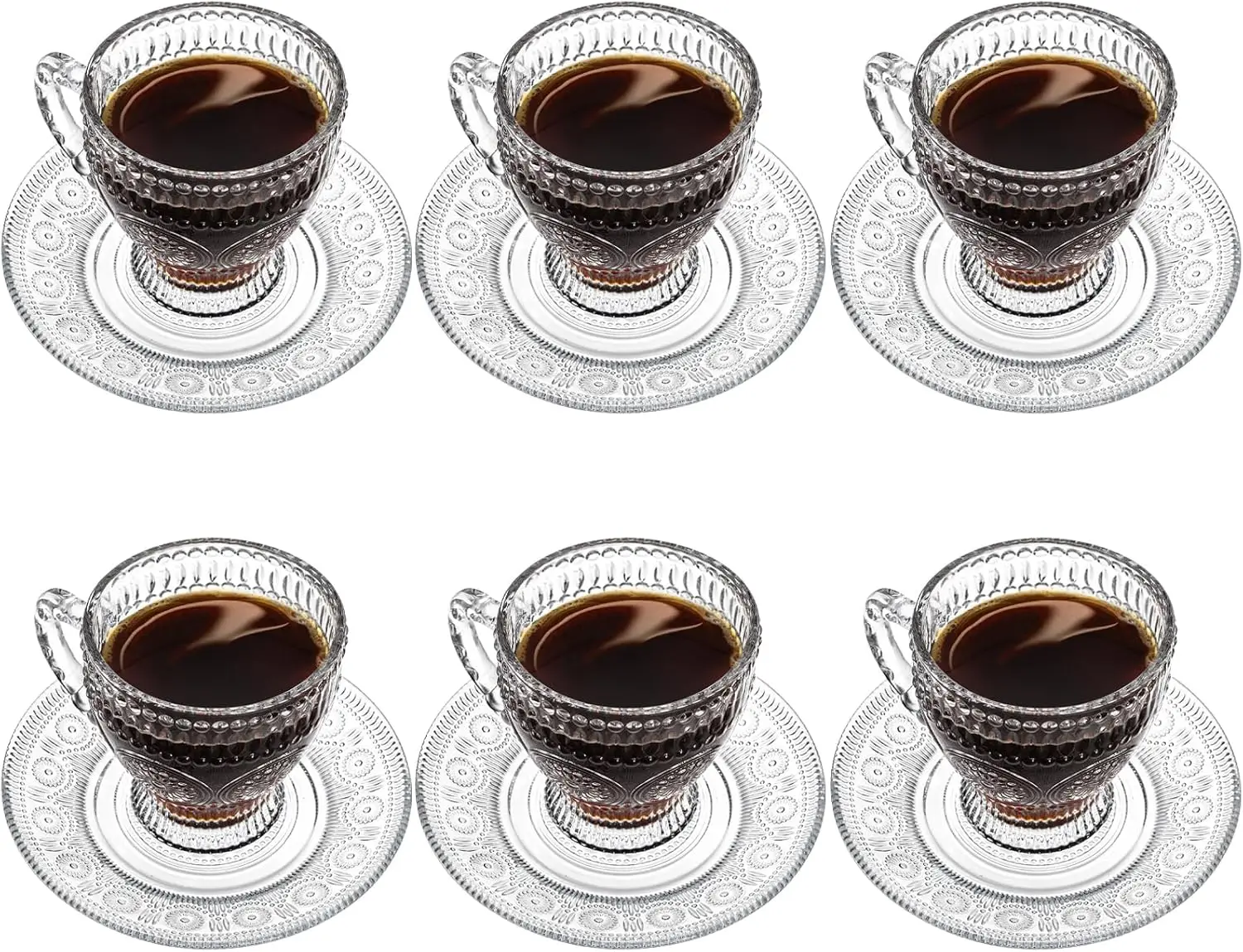 6-teiliges geprägtes Glasbecher-Set mit Untertassen, 200 ml Vintage-Teetassen für Kaffee, Latte, Cappuccino, heiße oder kalte Getränke