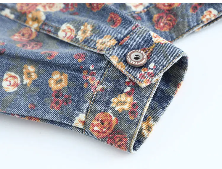 Women's Vintage Floral Long Sleeve Crop Denim Jacket Summer Autumn Streetwear Holiday Loose Denim Outwear Lady Sweet Jacket Top