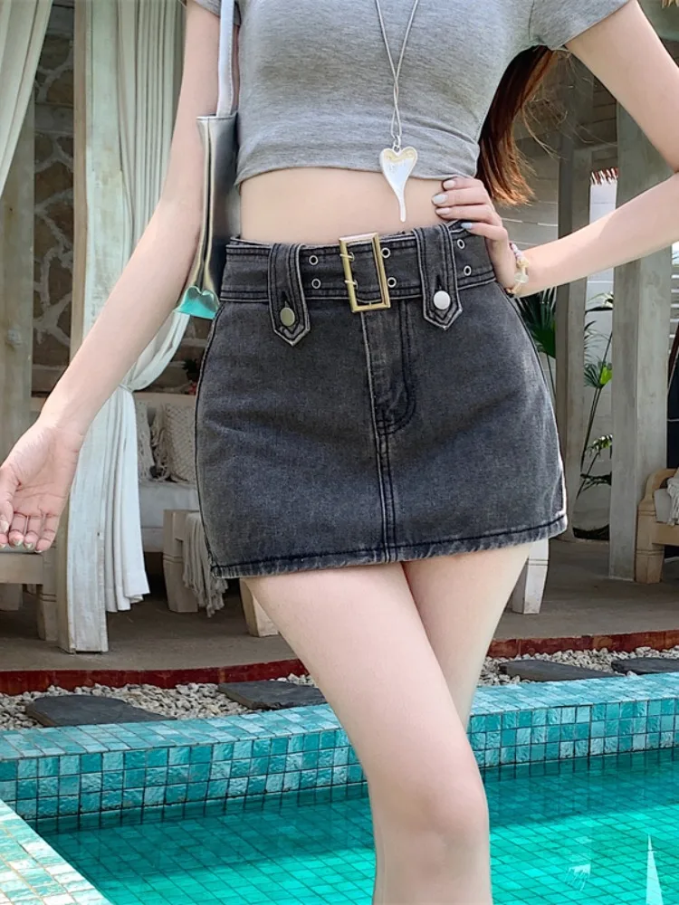 Jupe trapèze taille haute avec ceinture pour femmes, jupes en Denim, amincissante, Sexy, ceinture de taille Bla, Anti-lumière, marche, été