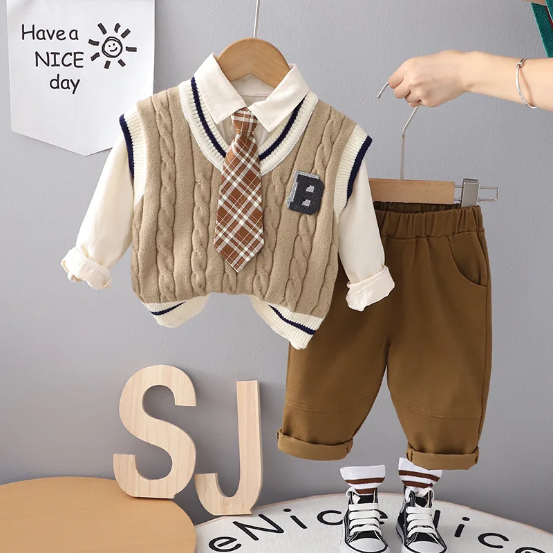 Boys School Uniform Sets 2025 Autumn New Style Formal Knitted Vest Tie Shirt Pants 3-Piece Suit Children's Clothing for School