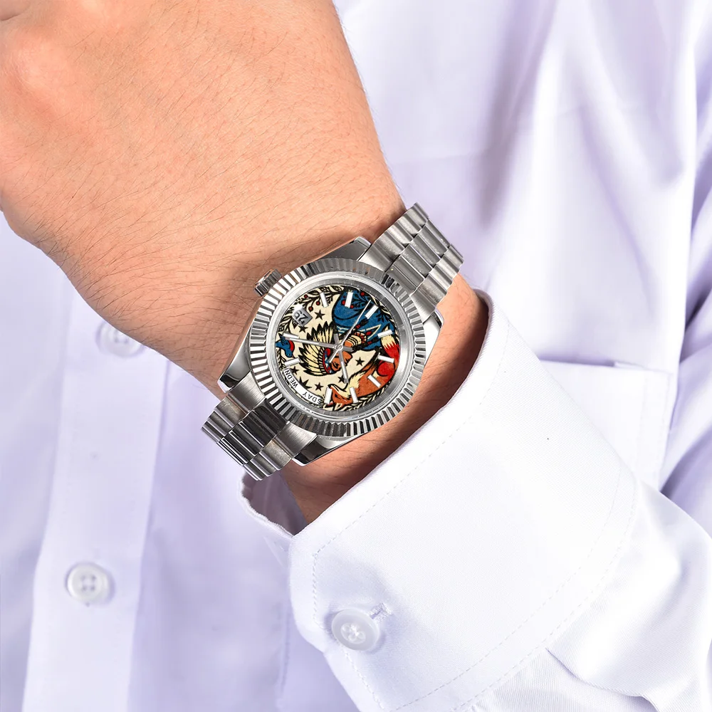 36mm/40mm Creativo personalizzato 8285 orologio Stampa modello a colori Orologio da uomo quadrante Blu luminoso Miyota8285 Movimento orologio fai da te per uomo