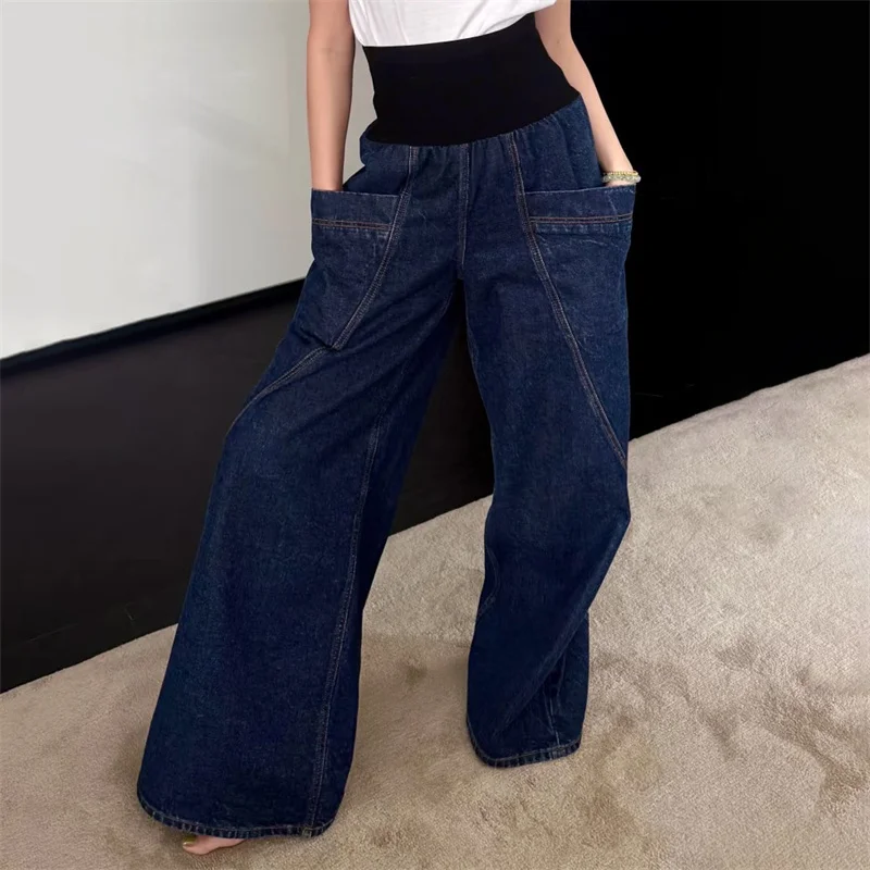 Women's jeans New elastic waist straight leg pants for autumn 2026 Color blocked patchwork wide leg pants Cotton denim pants y2k