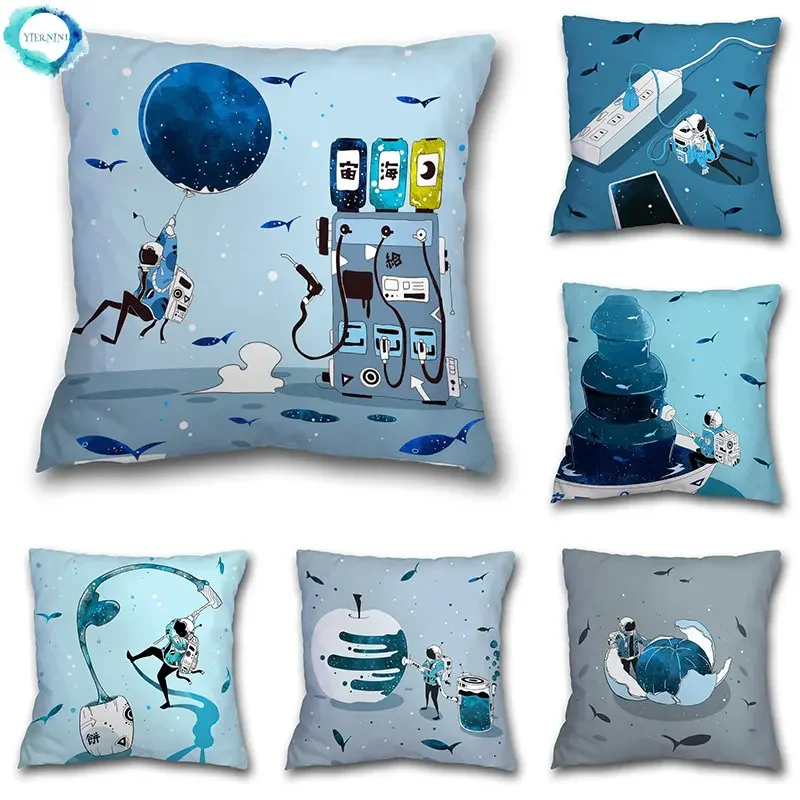 45x45cm Creative Spaceman Astronaut Ocean Blue Square Pillow Cover Living Room Sofa Office Seat Cushion Cover Home Decoration