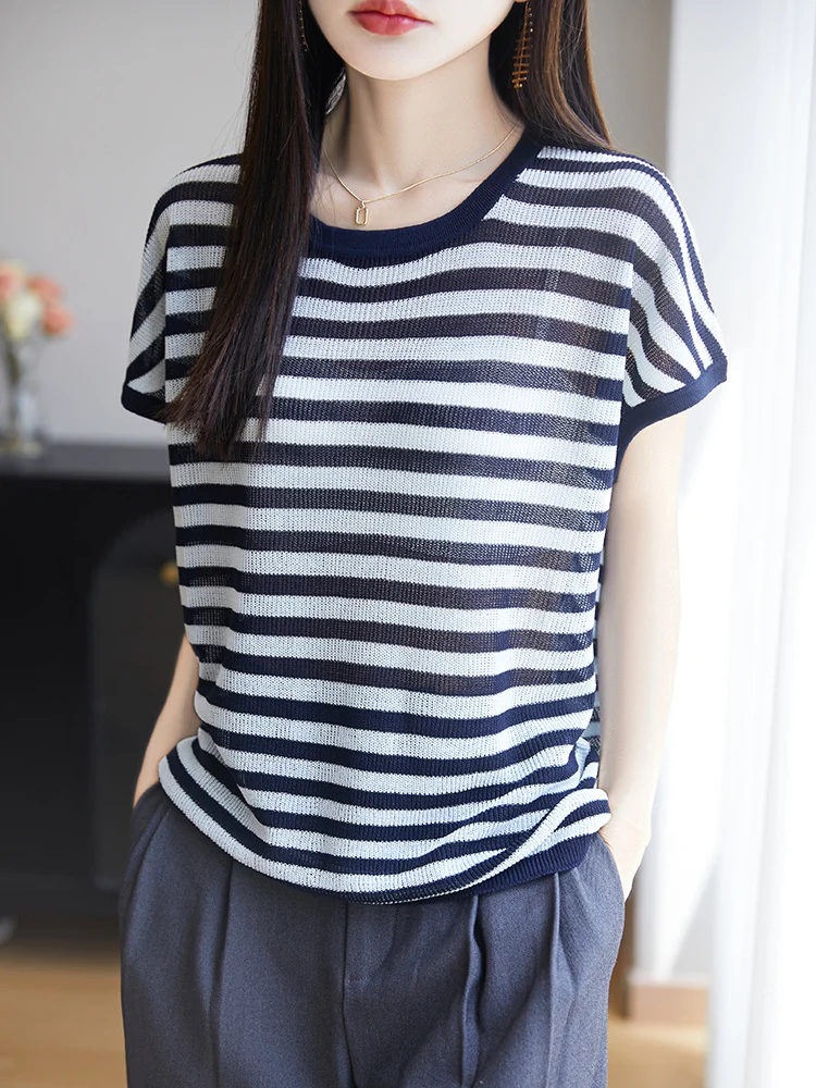

25 New Summer Woolen Fine Spinning Short Sleeve O-Neck Stripe T-Shirt Women's High Grade T-Shirt Fashion Comfortable T-Shirt Top