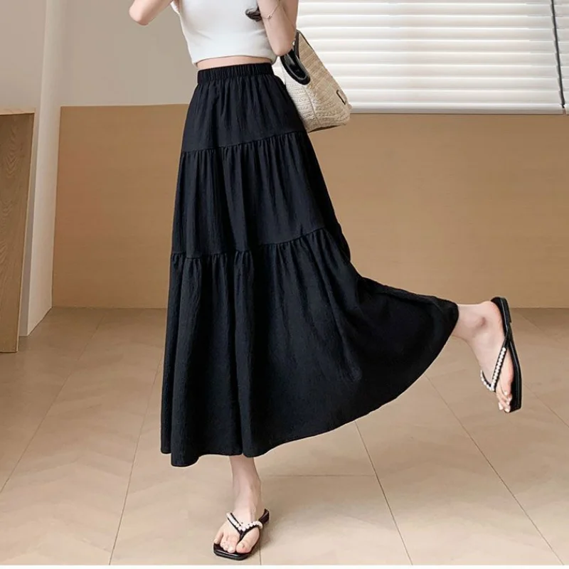 Elegant Solid A-LIne Cake Long Skirts Fashion Women Vintage High Waist Elastic Spring Dresses Office Lady Commute Chic Skirt