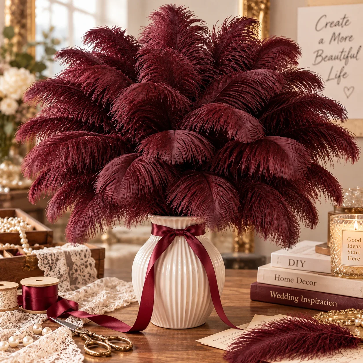 500Pcs 6-26 Inch  Burgundy Ostrich Feathers  Natural Plumes for Wedding Centerpieces Party Decor DIY Crafts Home Decoration