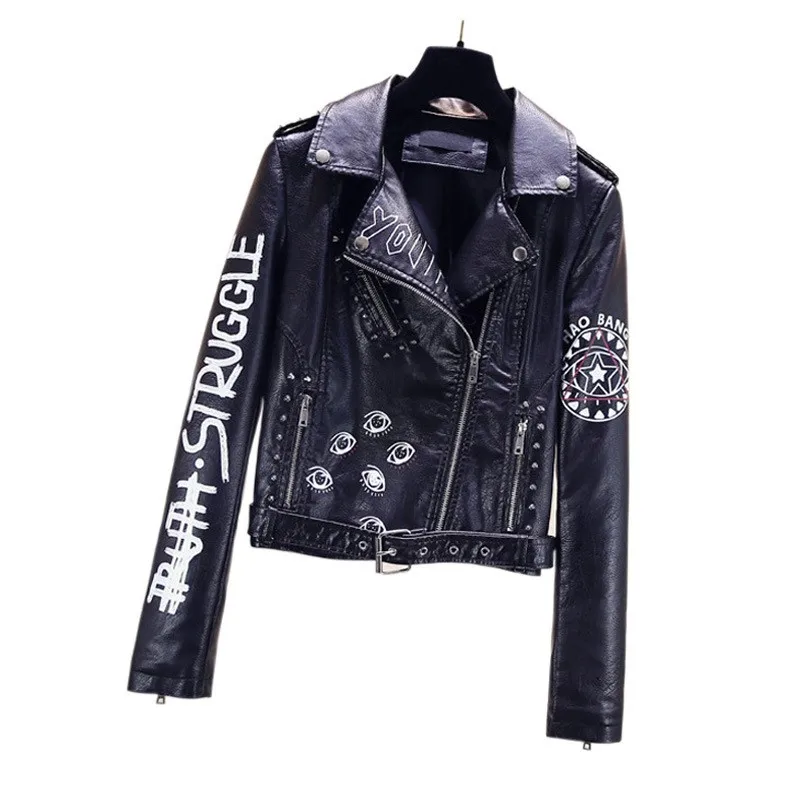 Punk style lapel women's PU leather jacket shoulder badge belt printed motorcycle jacket leather rivet short jacket