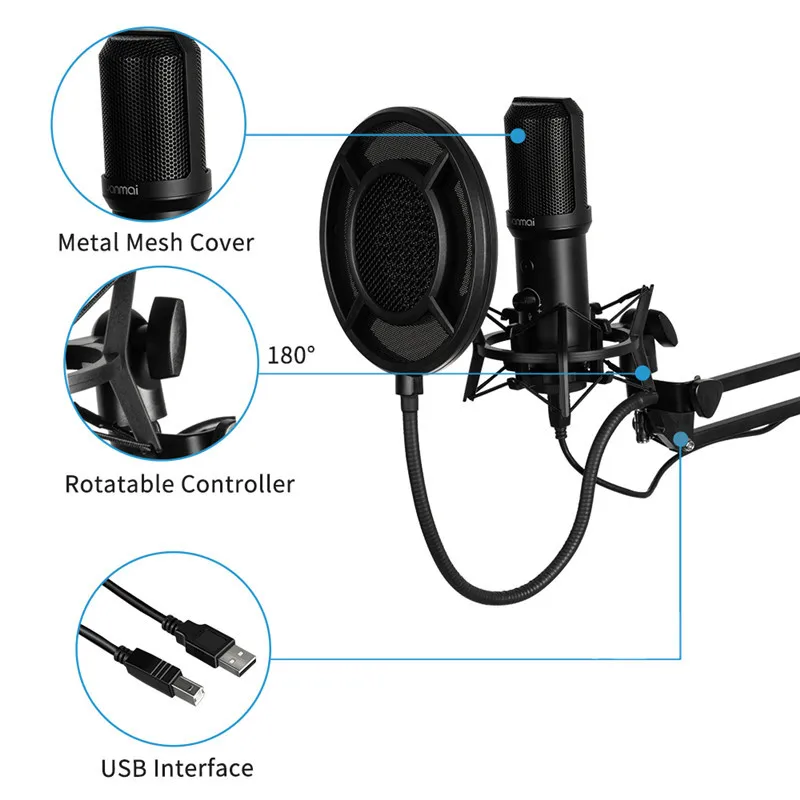 Professional Metal Voice Usb Condenser Microphone Mic Kit for PC or Laptop for Recording Broadcasting Home Studio Gaming YouTube