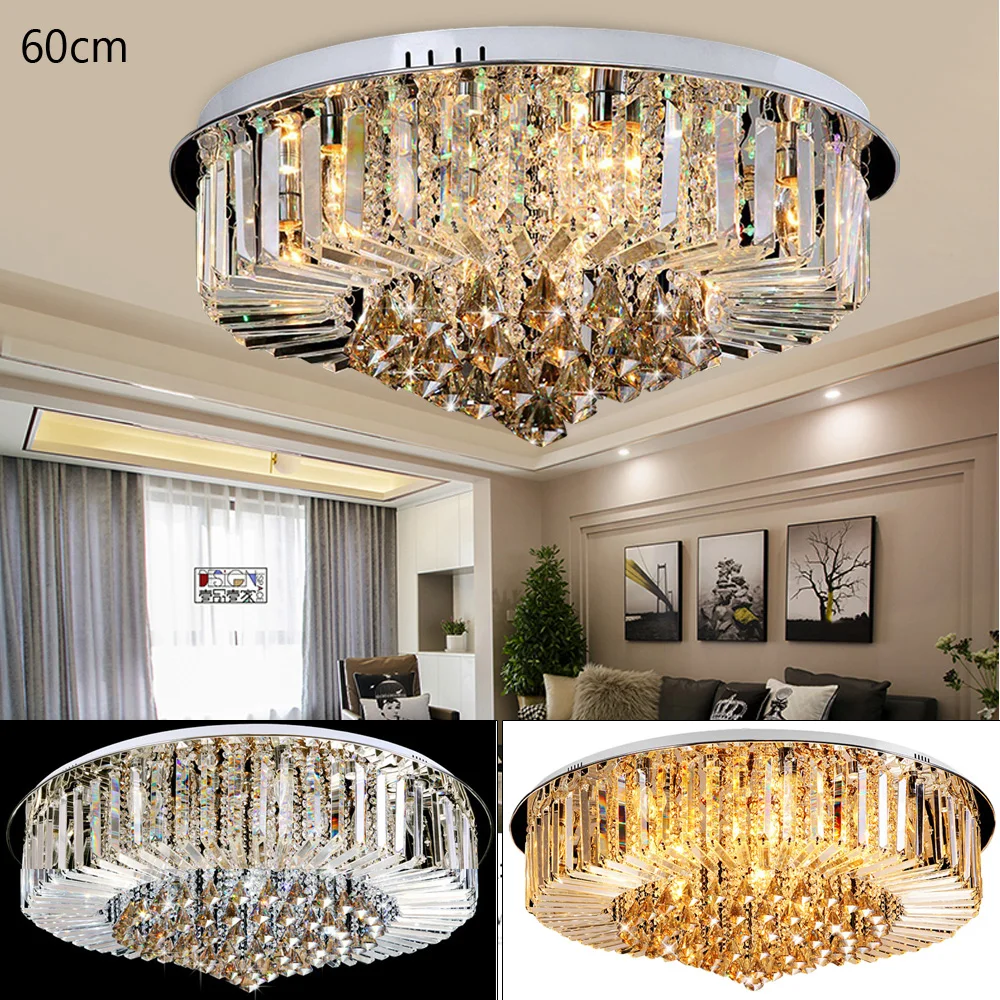 Modern Luxury Crystal Round Ceiling Light LED Glass Lighting Flush Mount Chandelier for Home Bedroom Dining Room Decor E14