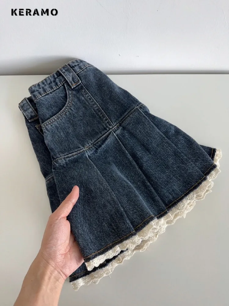

Women Vintage Y2K Slim Fit Retro Trashy Lace Skirts 2024 Summer Casual Female Sweet Hotsweet High Waist Mini Denim Pleated Skirt
