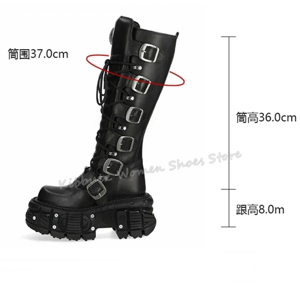 

Motorcycle Boots Knee High Belt Buckle Rock Punk Round Toe Thick Bottom Genuine Leather Solid Color Fashion Sexy Women Shoes New