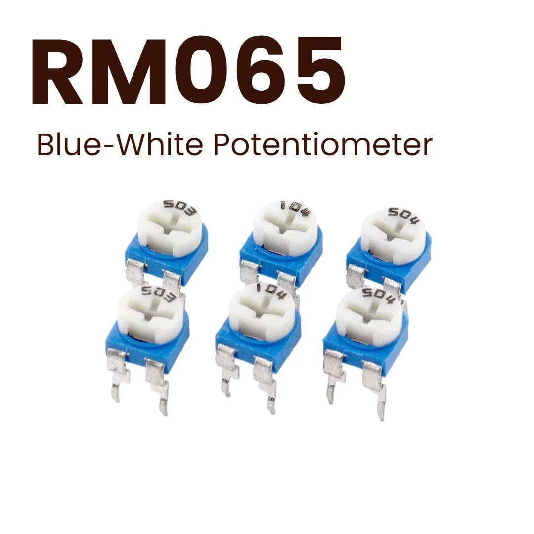 10-100PCS RM065 Trimmer Potentiometer Horizontal Variable Resistor 100R‑1M Ohm 103 104 Blue‑White Adjustable Potentiometer