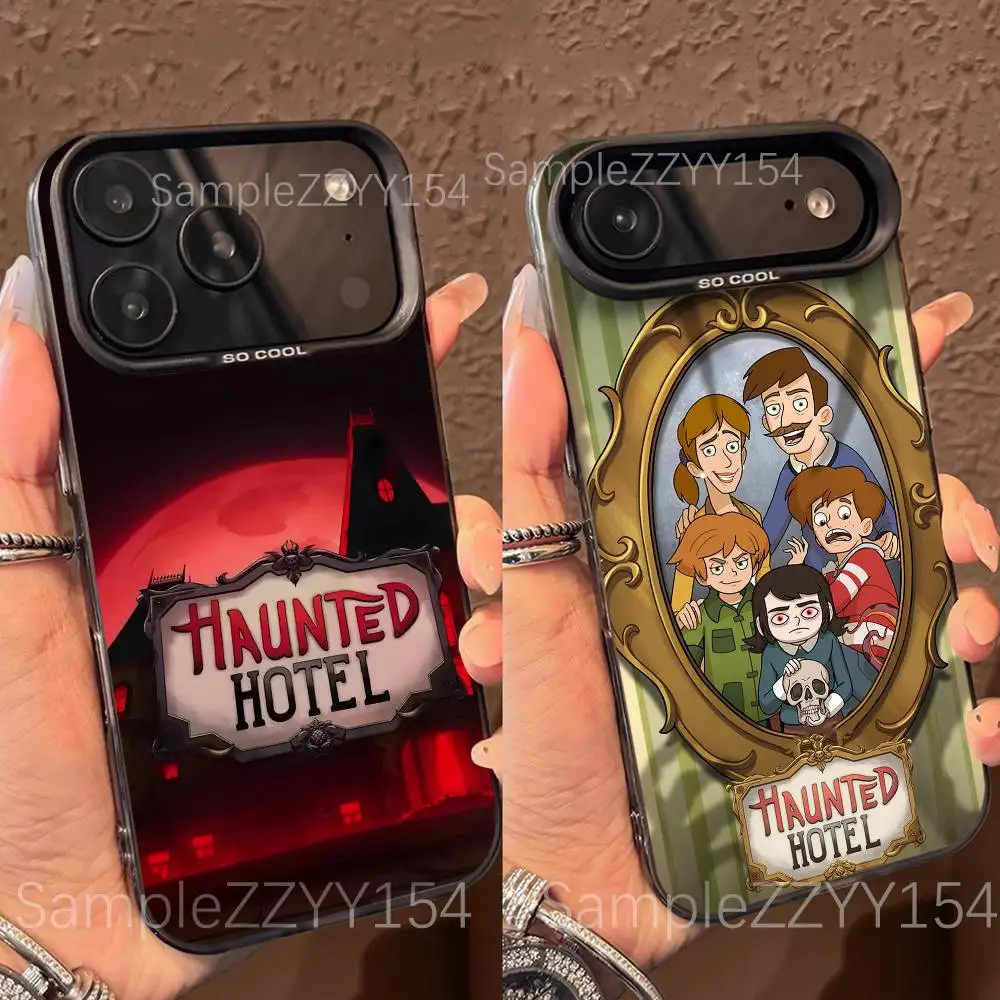 حافظة هاتف H-Haunted Hotel 2025 لهاتف iPhone 17,16,15,14,13,12,X,8,Pro,Max,Plus,E,SE4,Air,Mini Black IMD Matte