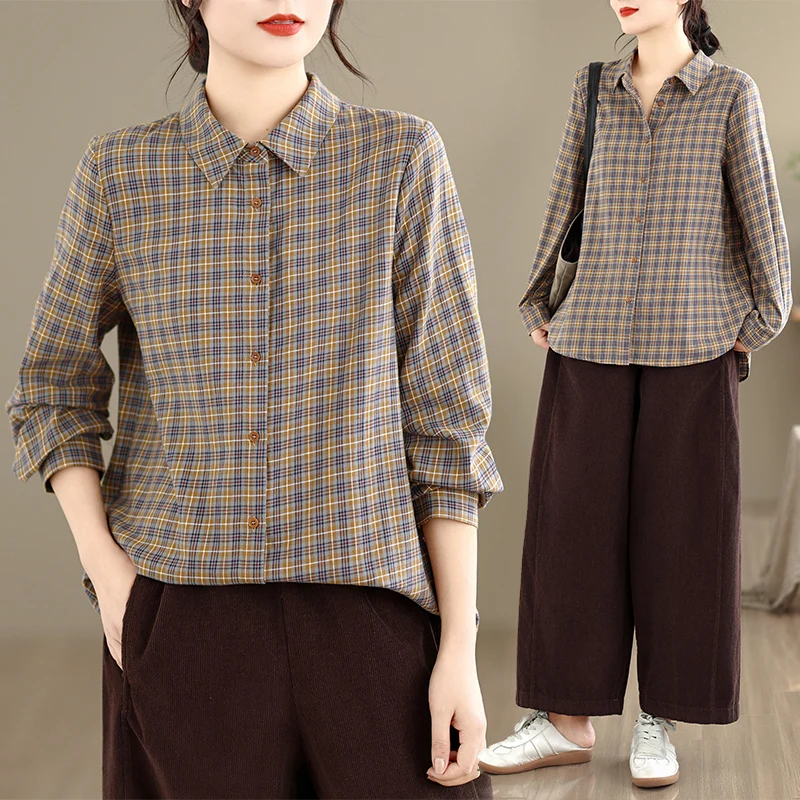 

Женская свободная рубашка в клетку с длинными рукавами, повседневная, для работы, с отложным воротником, открытый кардиган, универсальная, хлопковая, весна-осень