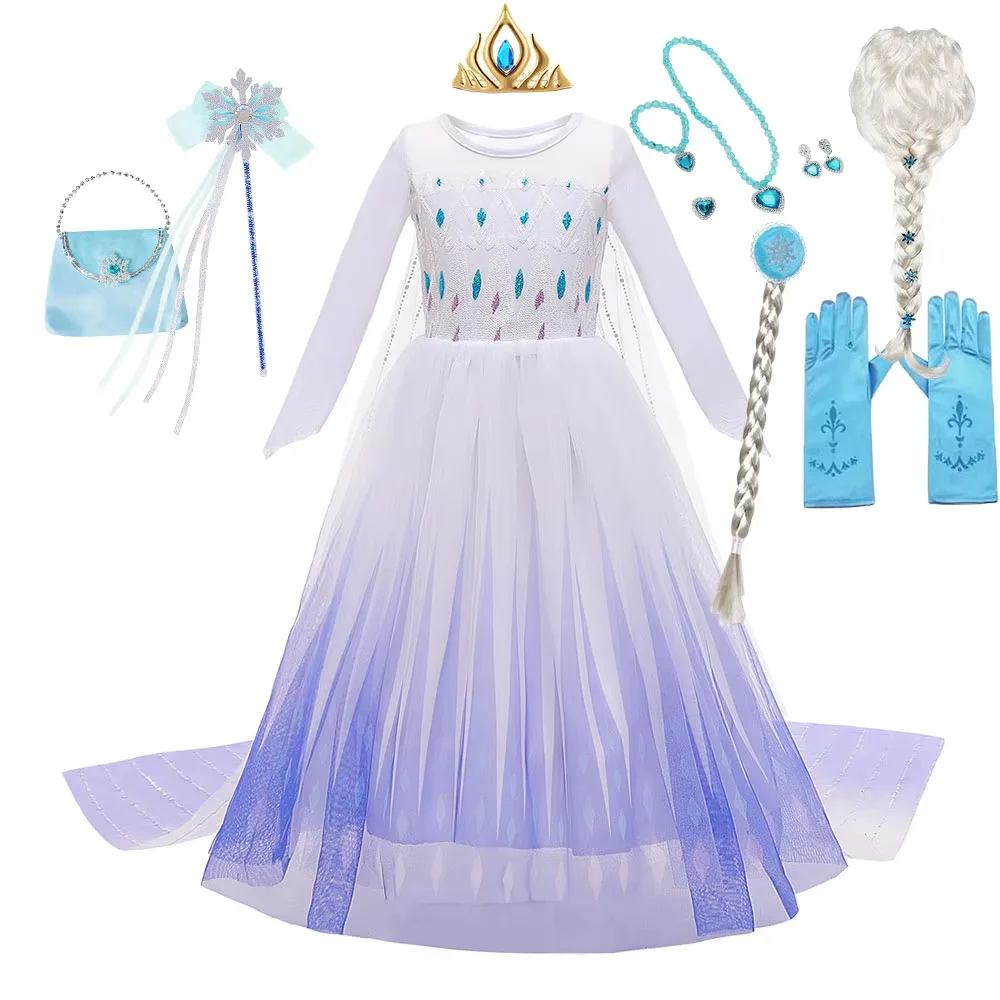 Featured Transformation Elsa Costume Lovely White Princess Dress with Cloak Sequined Top Mesh Frock Kids Halloween Carnival Robe