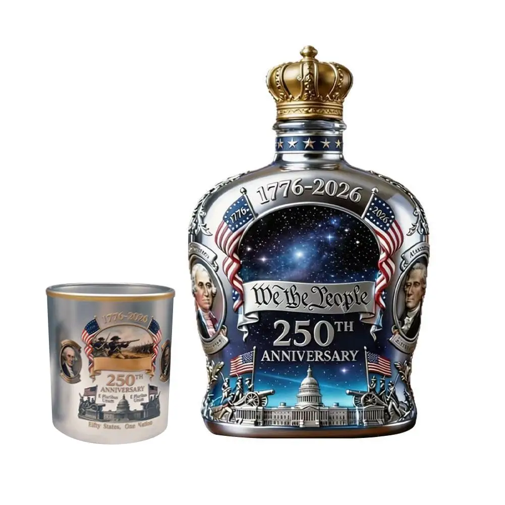 USA 250th Anniversary We The People Whiskey Bottle Vintage American Pattern Liquor Decanter Tumbler Kit Home Bar Table Decor Gif view 6