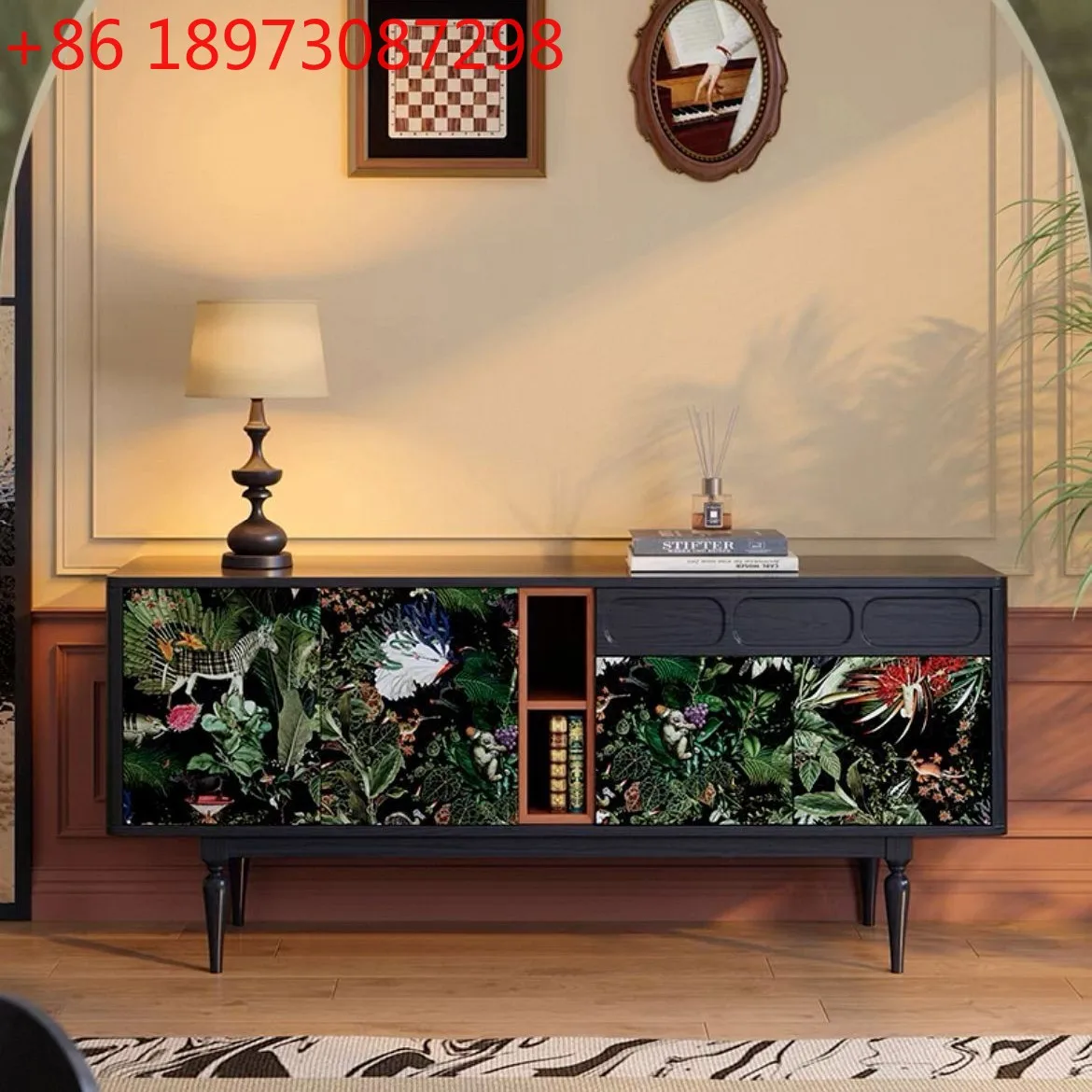 مدخل جانبي لغرفة المعيشة وغرفة الطعام الفرنسية القديمة، وخزانة المدخل، وخزانة جانبية عتيقة بلونين