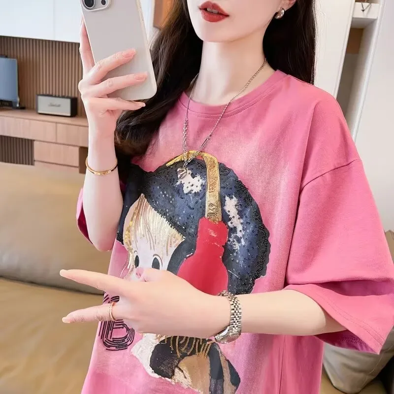 

Spring Summer Oversized T Shirt Print Headphones Little Girl Short Sleeves Tshirt Women Loose Casual Versatile Tops Kpop Clothes