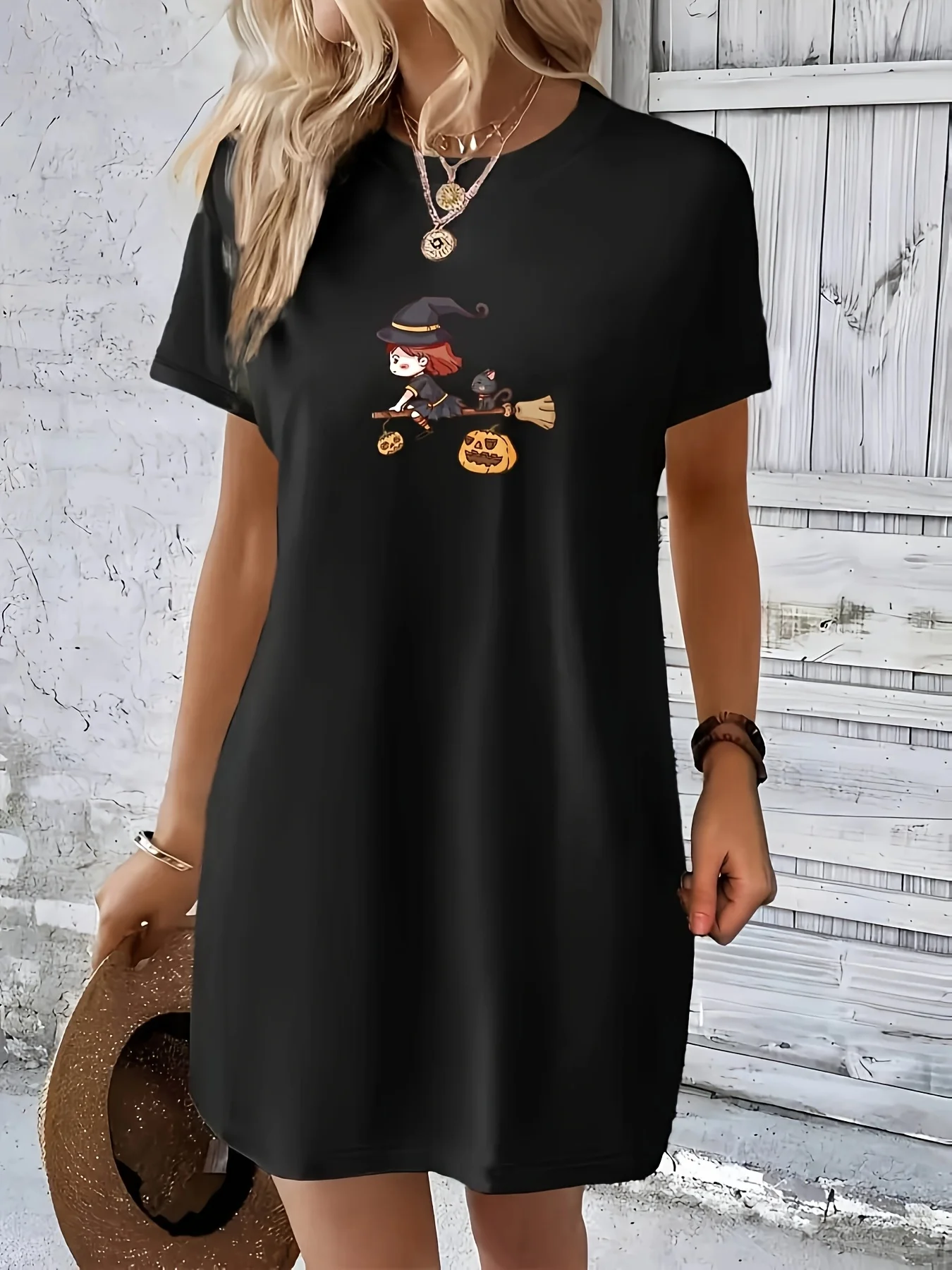 Plus Size Women's Halloween Graphic T-Shirt Dress Short Sleeve O-neck Casual Summer with Witch and Broomstick Print Casual Wear