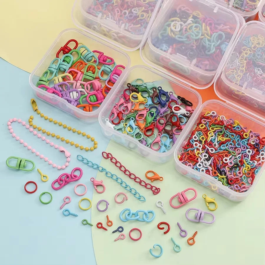 Ensemble d'accessoires de bijoux colorés, porte-clés en perles, anneaux de saut ouverts, crochet de fermoir à homard, petites épingles à œil à vis pour la fabrication de bijoux à faire soi-même
