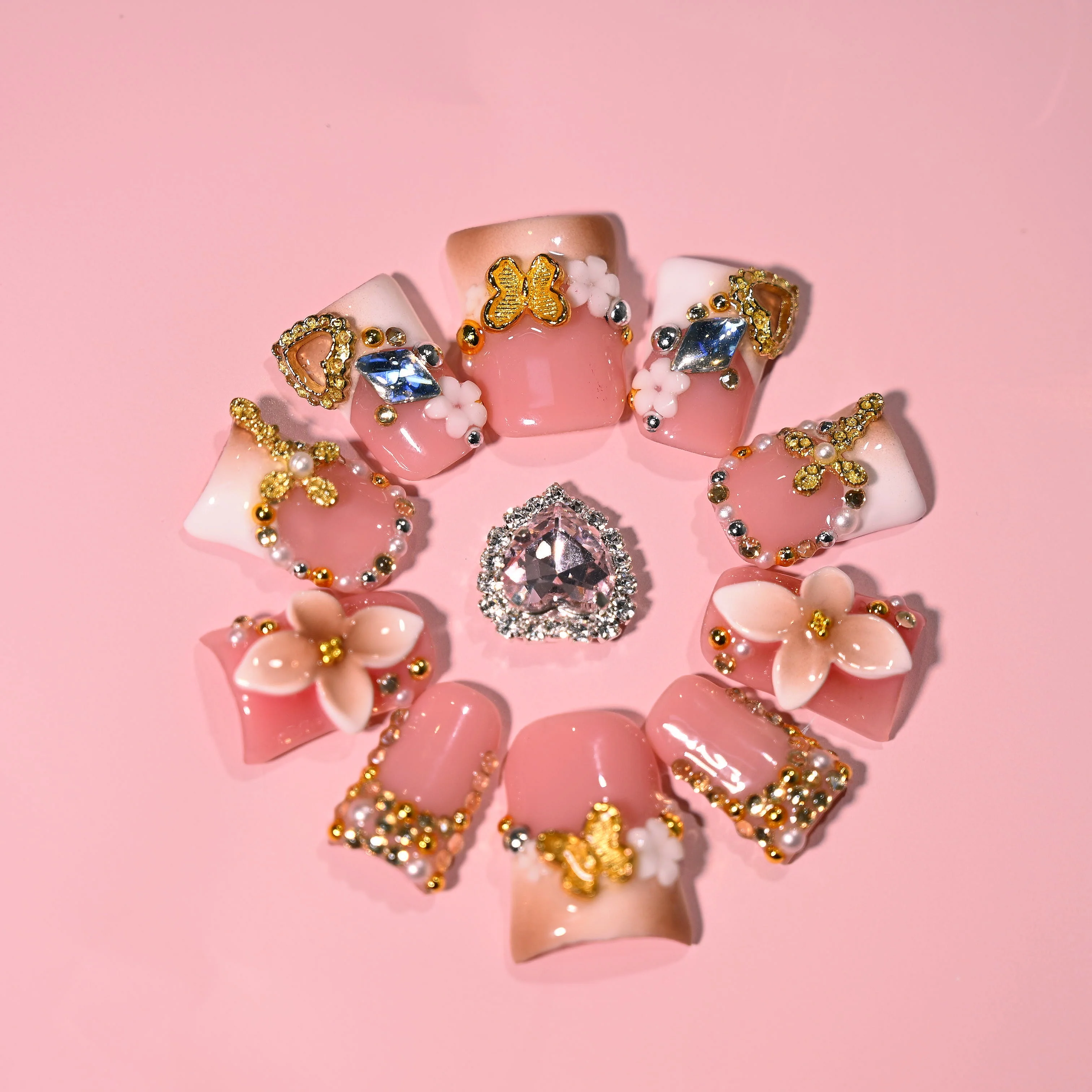

Handmade Press On Nails, Pink 3D Flower & Butterfly Rhinestone Short Duckbill Sweet Nails