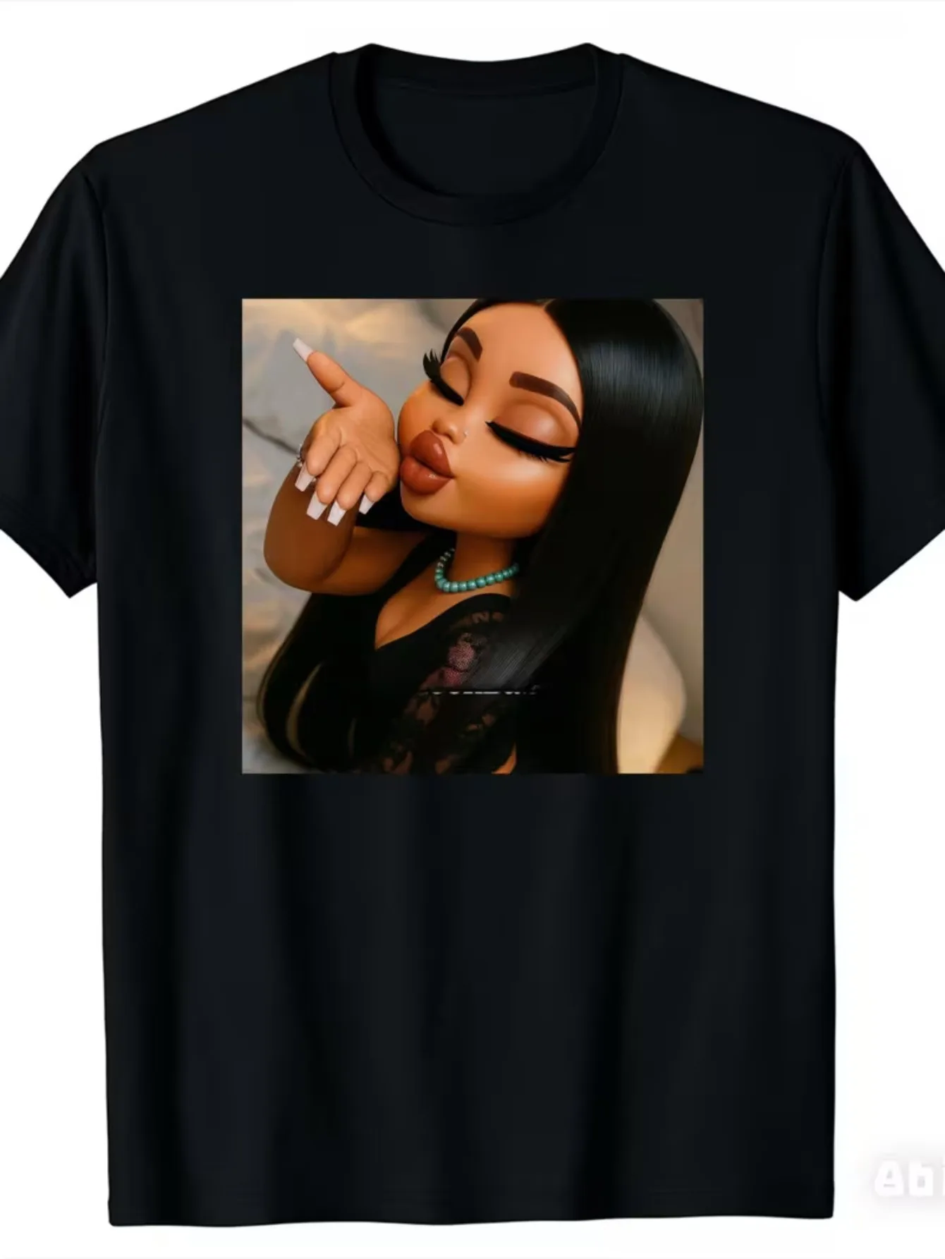 Melanin Girl Hand Chin Glossy Makeup Long Hair Modern Portrait Print Casual Daily Short Sleeve Men's large sizes Tee For Melanin Beauty Hobby GentleMen's large size