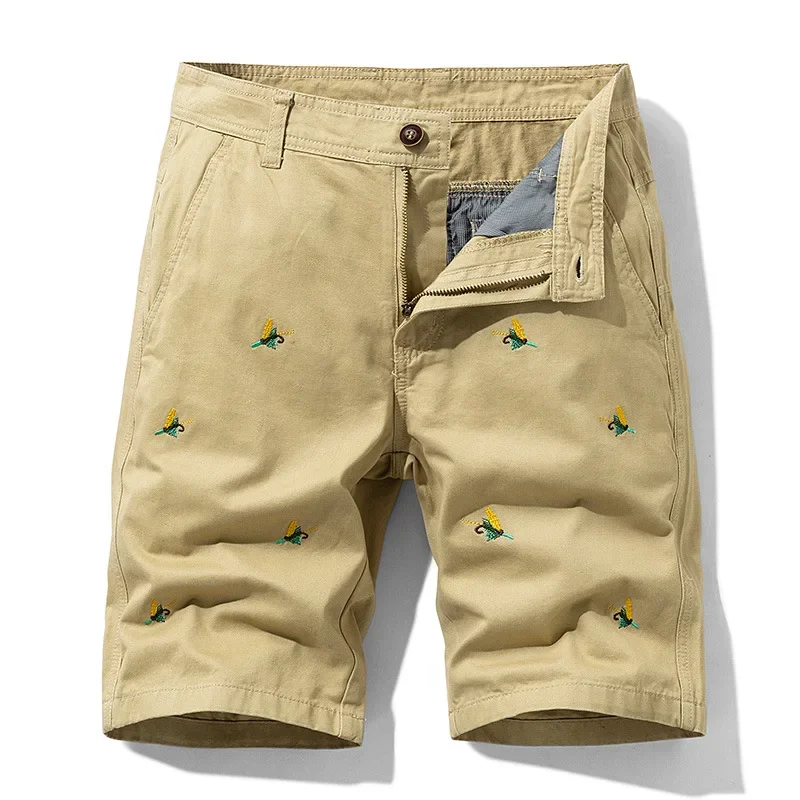 Pantalones cortos militares para hombre, Shorts Cargo holgados con múltiples bolsillos, con bordado de animales, de algodón, color caqui, verano,