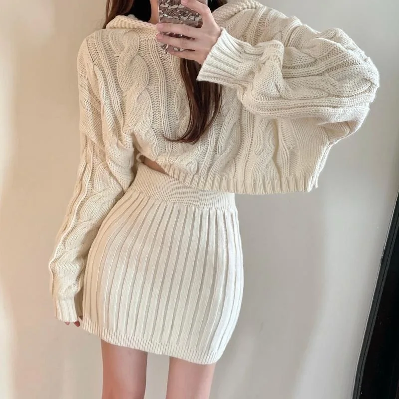 Women 2 Piece Sets Knitted Skirt Set Full Sleeve Hooded Top Short Skirts A Line Hip Wrap Y2k Streetwear Elegant Work Slim Fit
