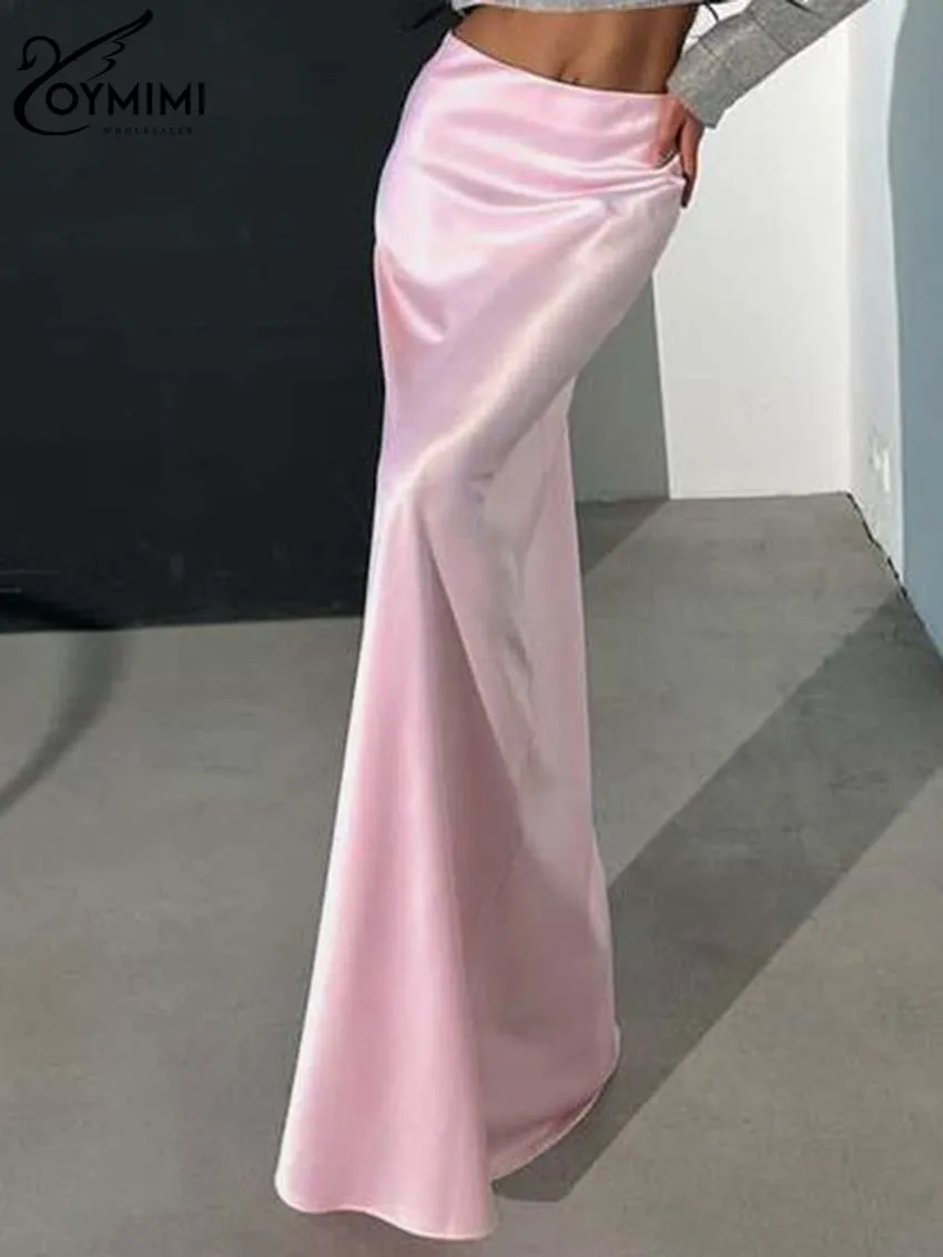 Oymimi Fashion Pink Satin Skirts For Woman Elegant Slim Solid Floor-Length Skirts Streetwear Casual Simple Straight Skirt Female