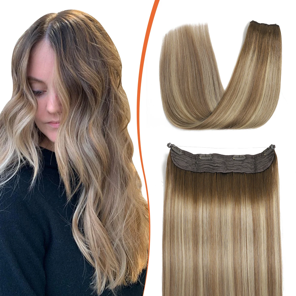 XDhair-extensões de cabelo fio para mulheres, balayage ombre, noz marrom a cinza marrom e cabelo loiro Halo, 70g, 85g, 14"