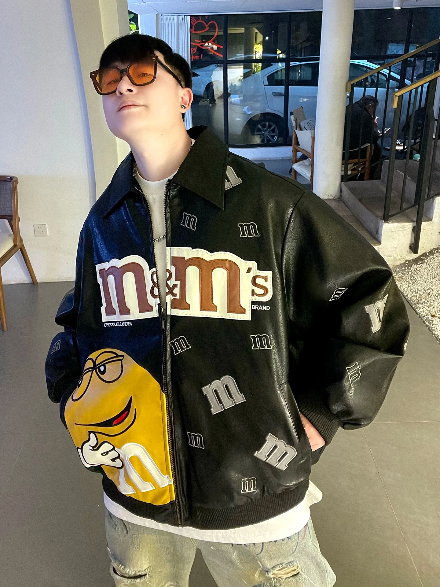 

Loose Fit Motorcycle Jaet Baseball Sle Youth Spring Autumn PU Leather Embroidered Collar Zipper Closure Long Sve Coat