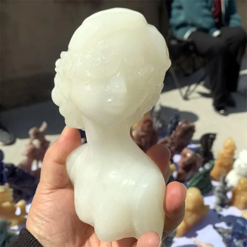 

Натуральный Белый Мрамор Нефритовая Маска Леди Резьба Исцеляющие Камни Фэншуй Рейки Украшение Дома Праздничный Подарок 1 ШТ.