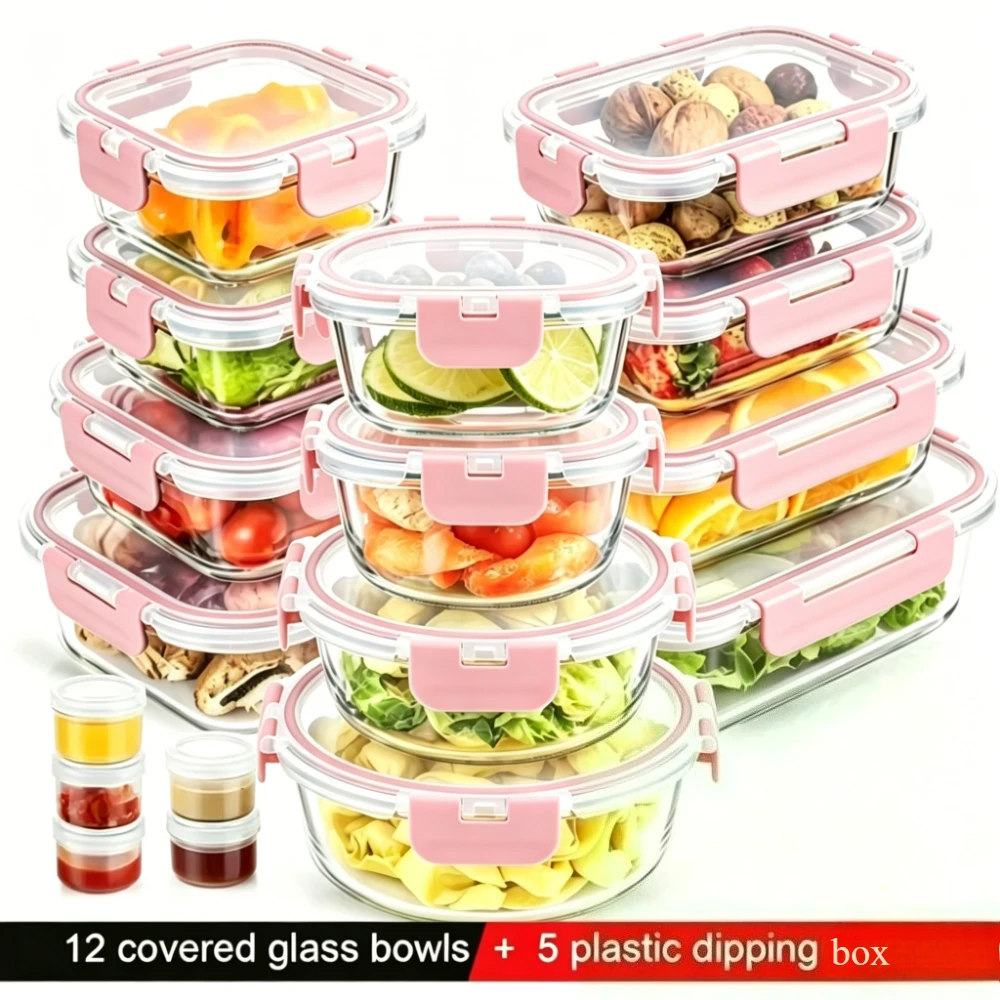 12 Stück Glas-Lebensmittelbehälter + 5 Saucenbehälter, Lunchboxen, auslaufsicher, mikrowellengeeignet, spülmaschinenfest, Schüsseln.
