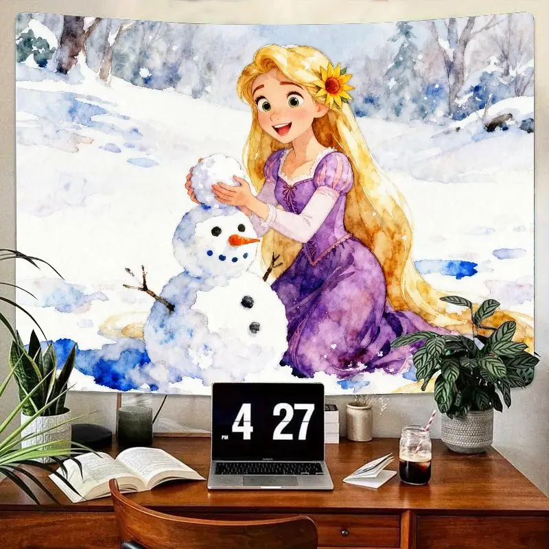 

1PC Disney Rapunzel Princess Winter Wonderland Tapestry, Watercolor Snowman Wall Art, Polyester Home Decor Gift for Girls.