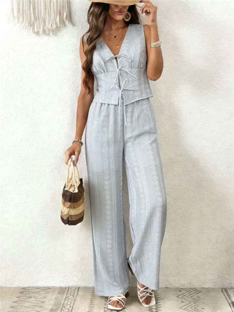 

New Sleeveless Solid Color Two-piece Set 2026 Lace-up Vest Wide-leg Pants Suit Fashionable Temperament Straight-leg Pants Suit