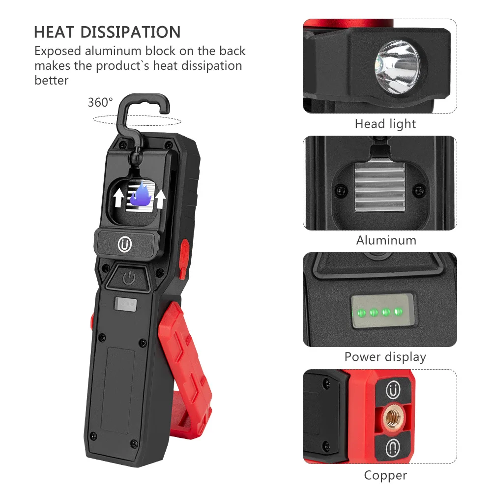 Portable Work Light with 360° Bracket USB Rechargeable Flashlight Magnetic Repair Light with Hook Outdoor Output Emergency Light